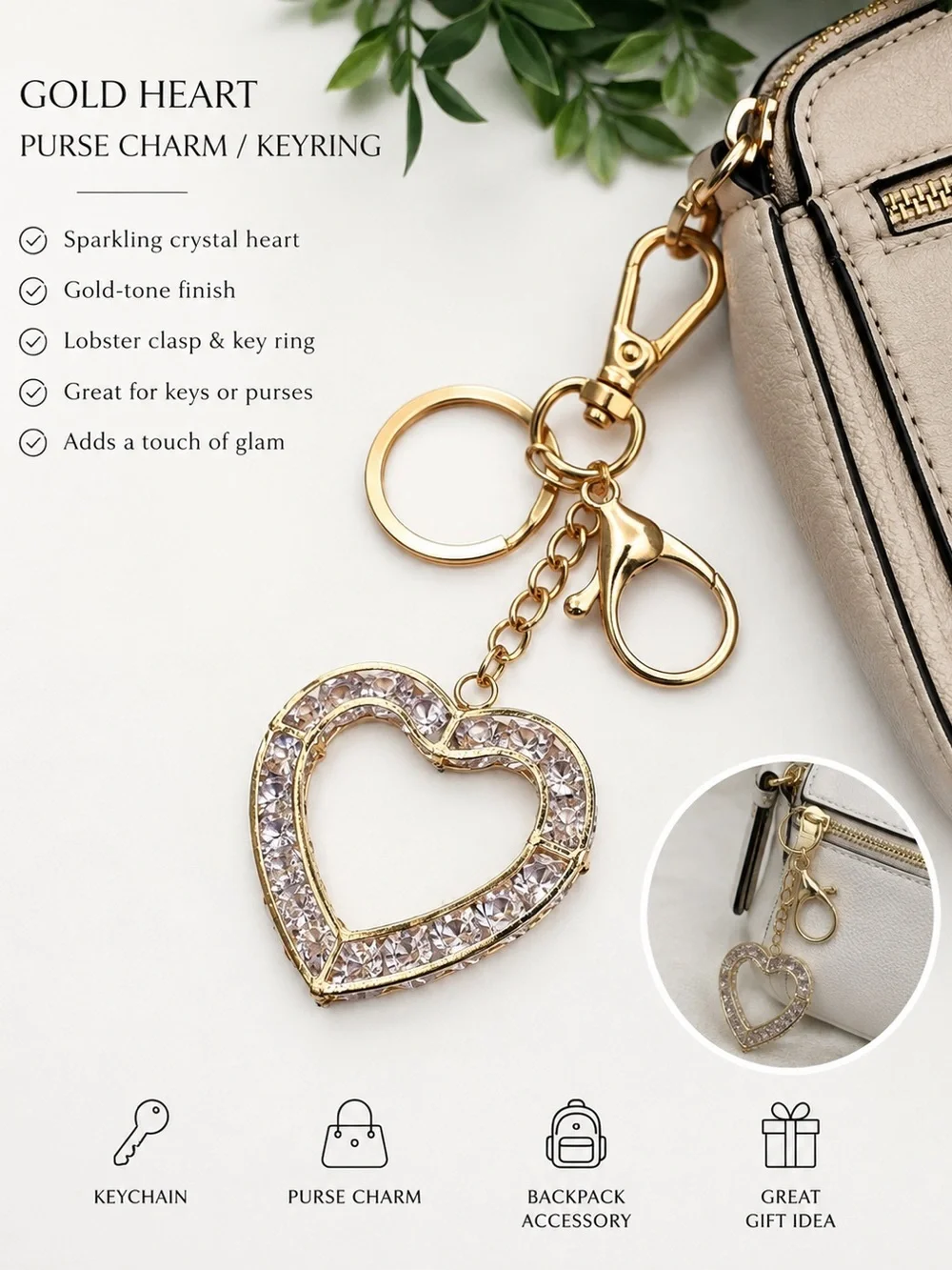 Crystal Heart Purse Charm / Keyring – Gold Tone (BR-999/4)